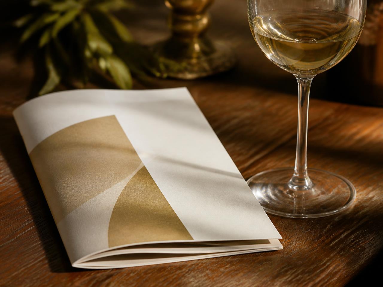A printed programme and a glass on a warm wooden table