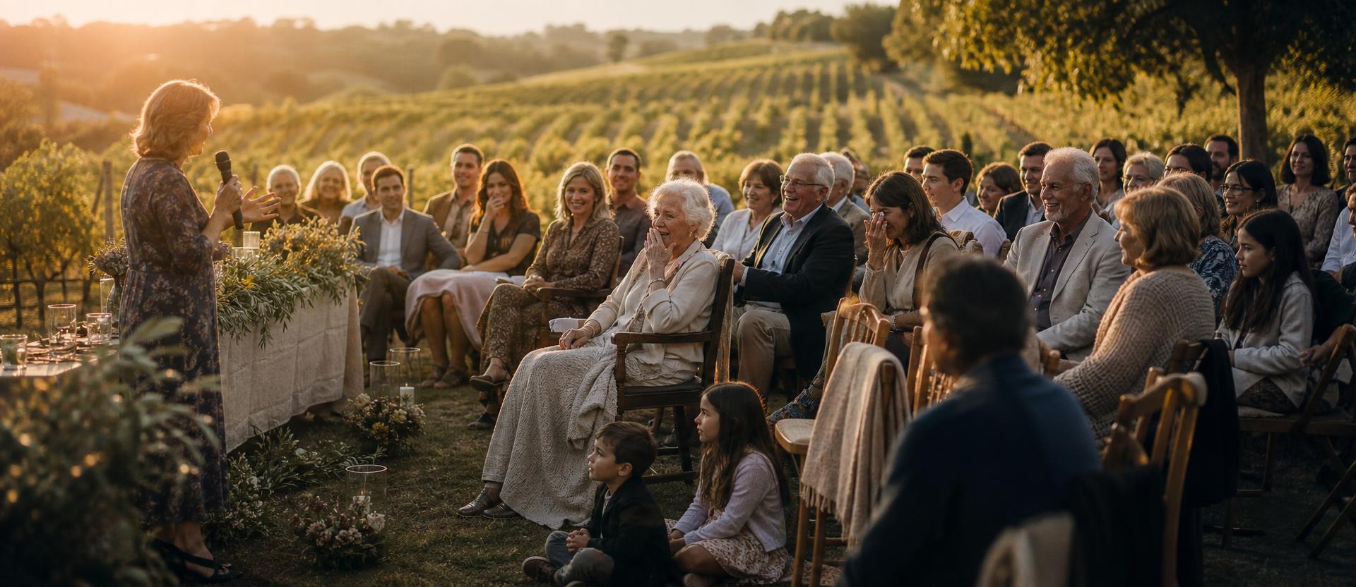 An outdoor Living Celebration in a vineyard at golden hour, with a guest of honour seated in the front row listening as a speaker addresses the gathering