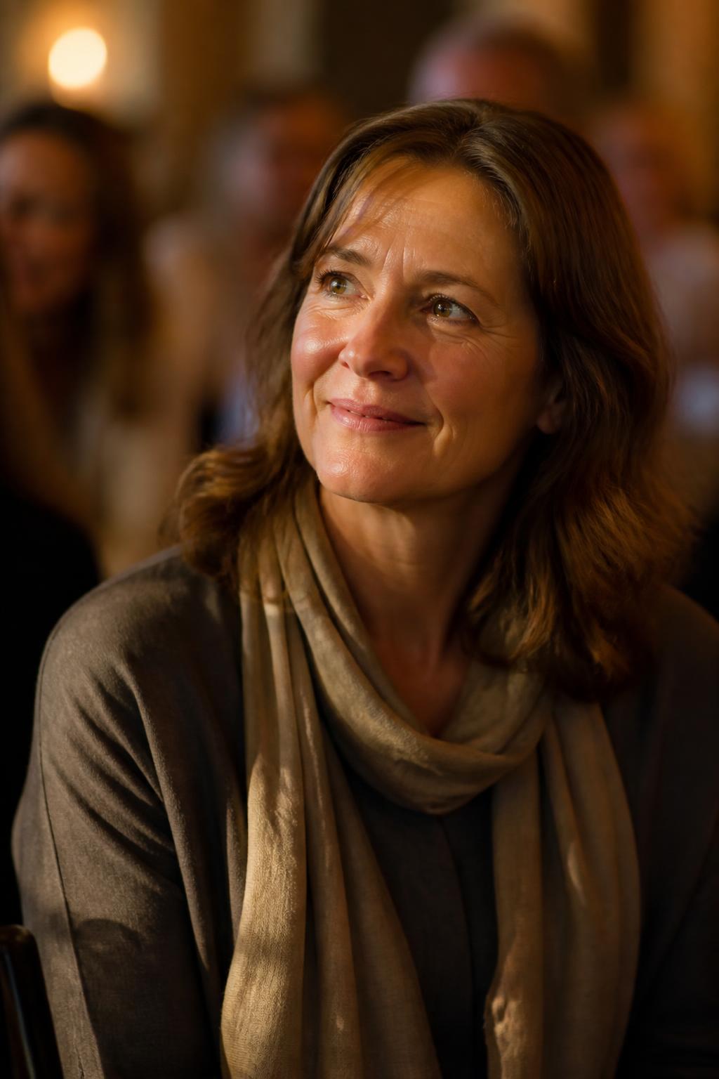 A woman in her fifties seated at an indoor gathering, listening peacefully with a small smile as someone speaks to the room